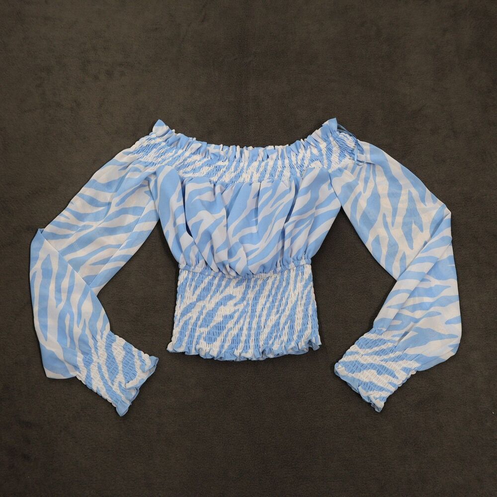 Bar III Women’s XXS Blue White Zebra Print Off Shoulder Smocked Crop Top - Picture 3 of 11